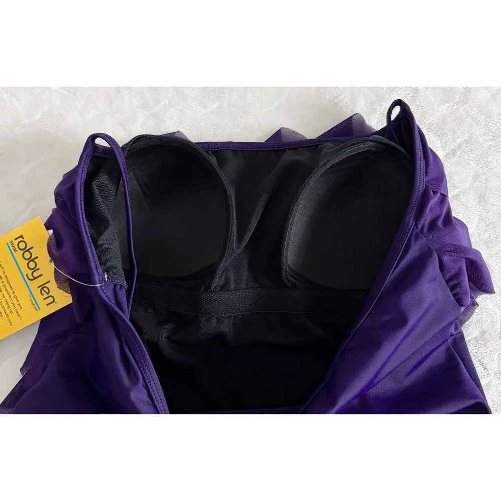 NWT Longitude Robby Len Size 14 Purple Ruffle One Piece Swimsuit Tummy Control